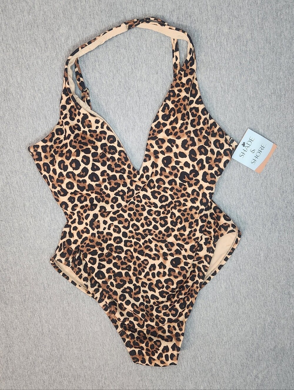 Shade & Shore Women’s Crepe Plunge One‑Piece – Leopard (Size L)